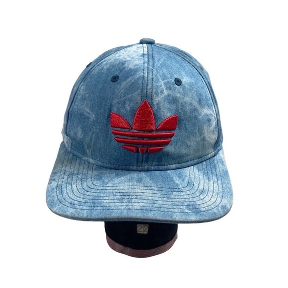 Vintage Adidas Blue Denim Big Red Logo Acid Wash SnapBack Hat Cap